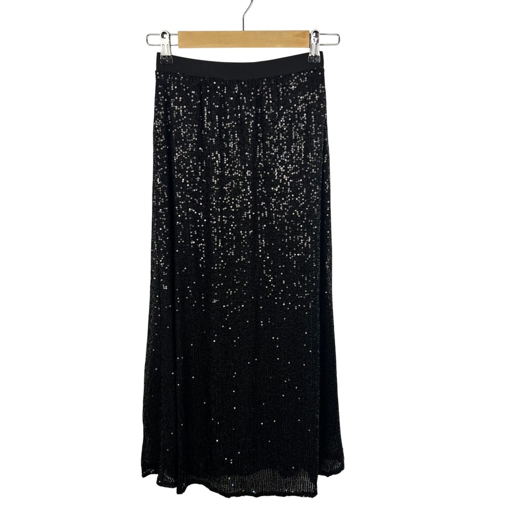 Black Sequin Maxi Skirt Medium Full Sequin Flowy Party Glam Whimsigoth Goth